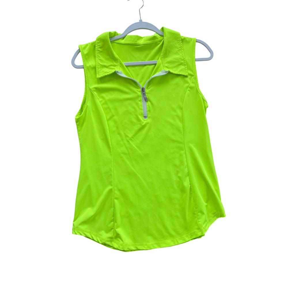 Womens Neon Yellow Sleeveless Zip Up‎ Collared Top Size M